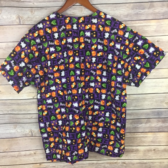 Peaches Halloween Scrub Top Purple Ghost Pumpkin M - Picture 5 of 5